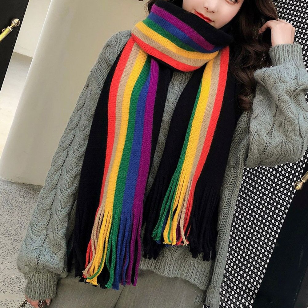 Warme regenboog dames meisjes sjaals omslagdoeken kwastjes lange gebreide sjaal multifunctionele sjaal lxh: Zwart