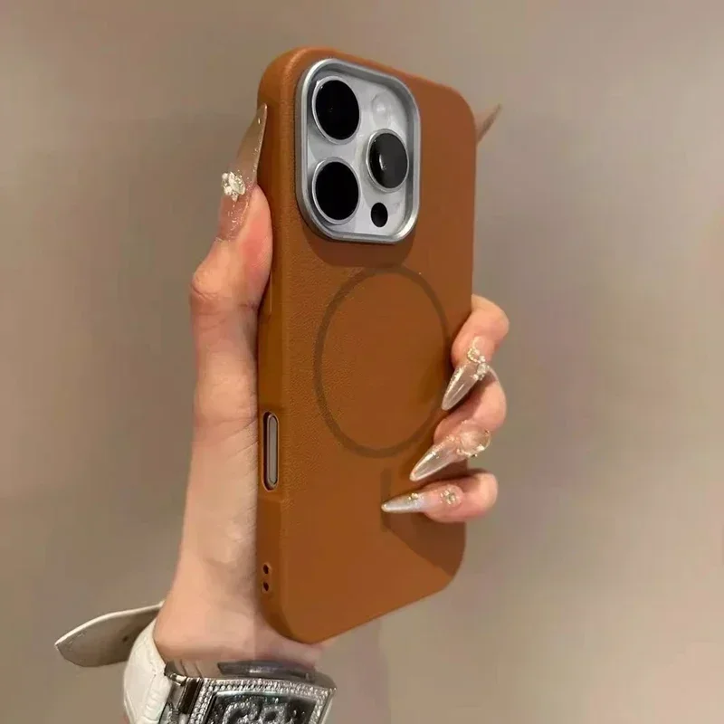 Luxury Magsafe Wireless Charging Leather textur Phone Cases For iPhone 13 12 14 15 16 Pro Max Plus Magnetic Bumper Cases Cover: Brown / For iPhone 15 Plus