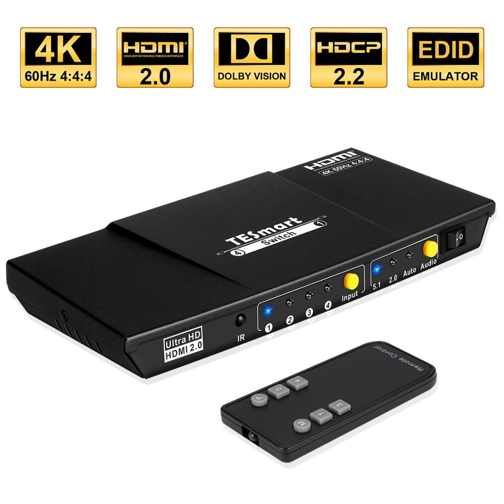 Tesmart 4K Hdmi Switch 1X4 Poort 4 In 1 Out Hdmi Switcher Hdcp 2.2 Ultra hd Met Ir Afstandsbediening Hdr 10 S/Pdif L/R Audio
