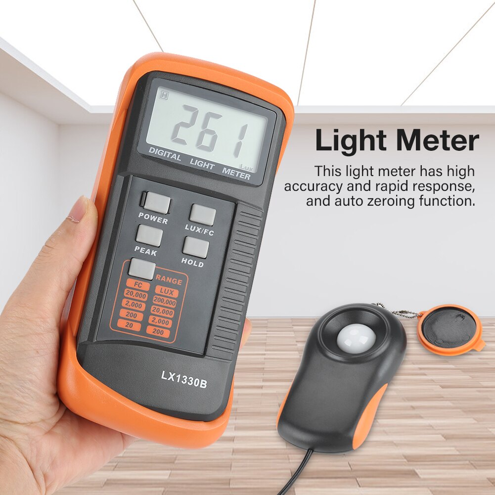 Digital Lux Meter 0.1~200,000Lux LCD Lux/FC Light Intensity Tester Data Hold Peak Reading Hold Accuracy 0.1Lux