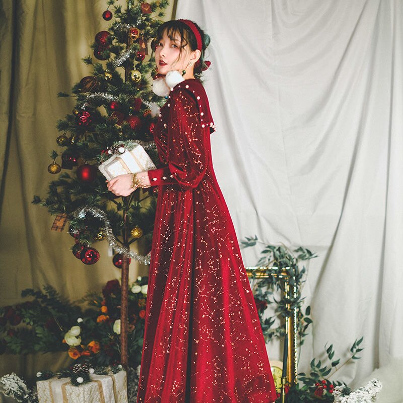 Vestido de terciopelo Lolita para mujer, de té Gótica para túnica roja, Vestidos de Lolita, disfraces de Cosplay de princesa de Navidad