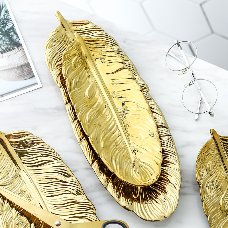 Gouden Veer Vorm Keramische Sieraden Schaaltje Porselein Snoep Trinket Voedsel Fruit Dienblad Ring Opslag Plaat Home Decoratieve