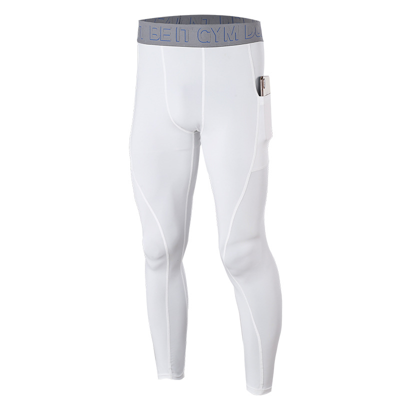 Calças de compressão dos homens calças de corrida de treinamento de fitness esportes leggings bolso ginásio jogging calças de suor masculino longo-40: XXL / white