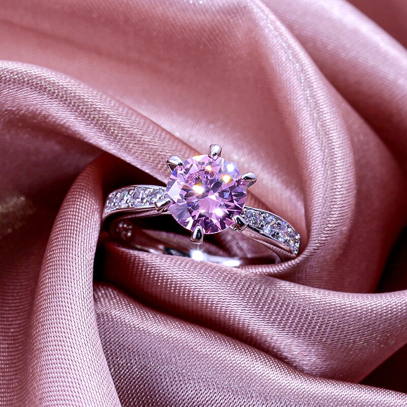 Caoshi Romantische Ronde Roze Kristallen Stenen Ringen Voor Vrouwen Prong Instellen Paar Eternity Sieraden Mooie