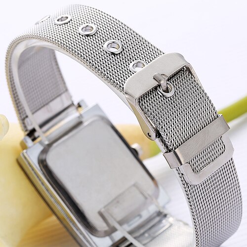 Men Women Rectangle Dial Stainless Steel Net Strap Quartz Wrist Watch