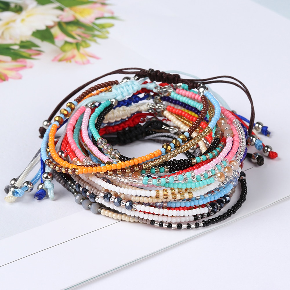 Multi-capa bohemio tejido a mano colorido tejido redondo con cuentas pulsera Retro arroz ajustable cuerda Ethnic Bracele