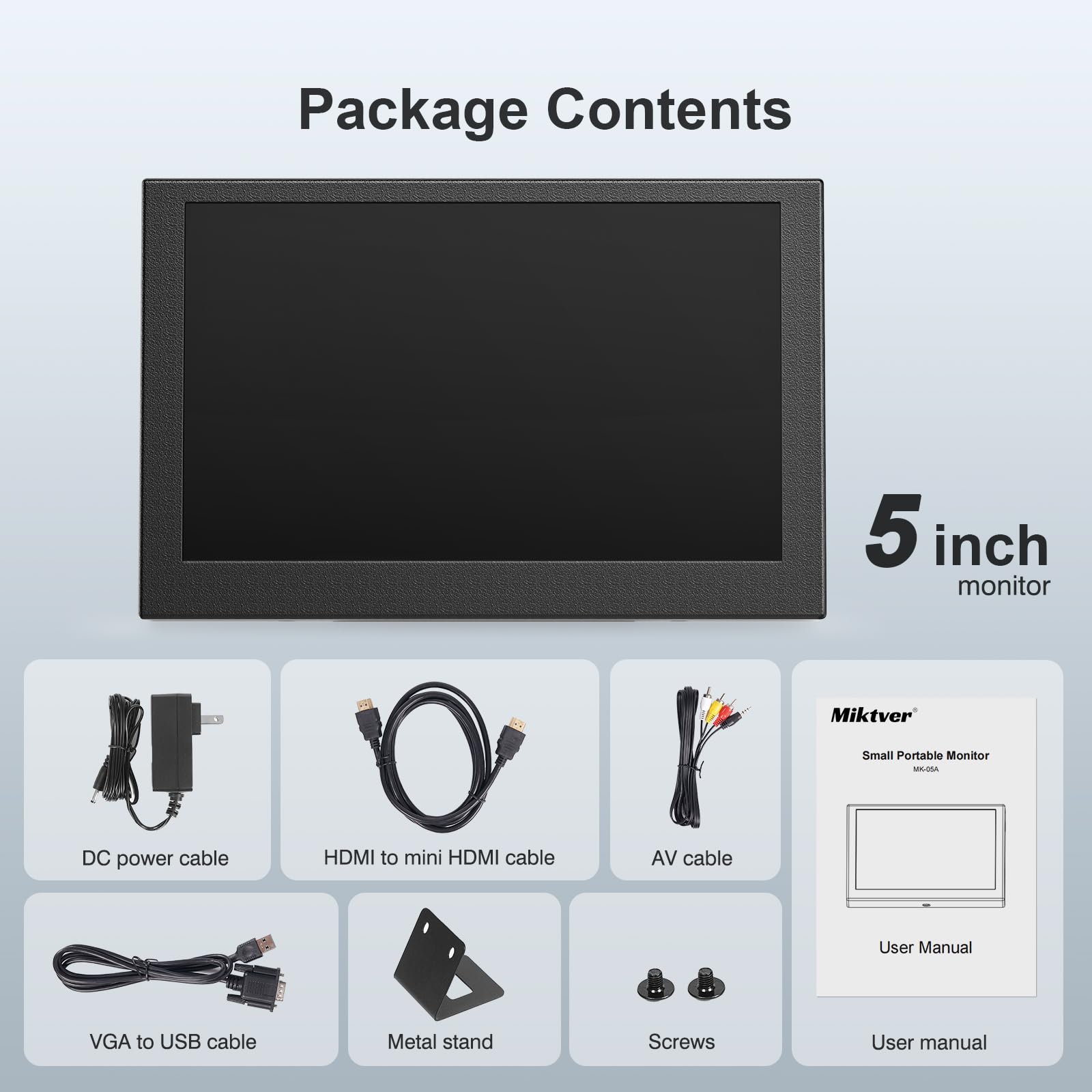 Miktver Monitor LCD IPS da 5 pollici Monitor Video per fotocamera con custodia in metallo 800x480 con ingressi HDMI/AV/VGA supporto per fotocamera DSLR/DVD/DVR