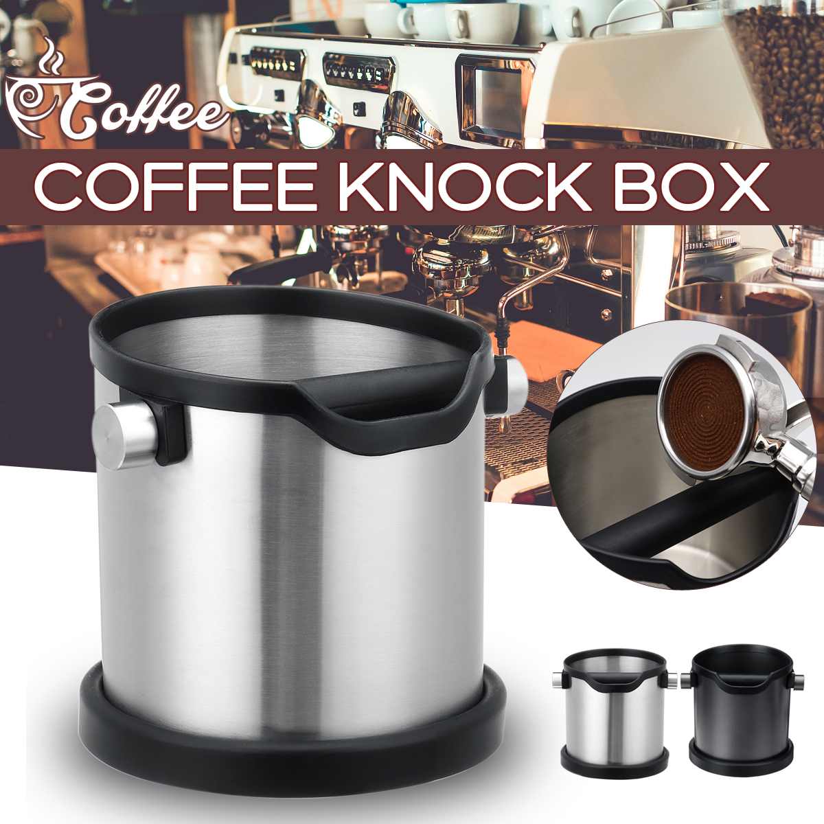 Stainless Steel Coffee Grind Knock Box Espresso Grind Container Anti Slip Bin Waste Bin with Detachable Knock Bar Barista