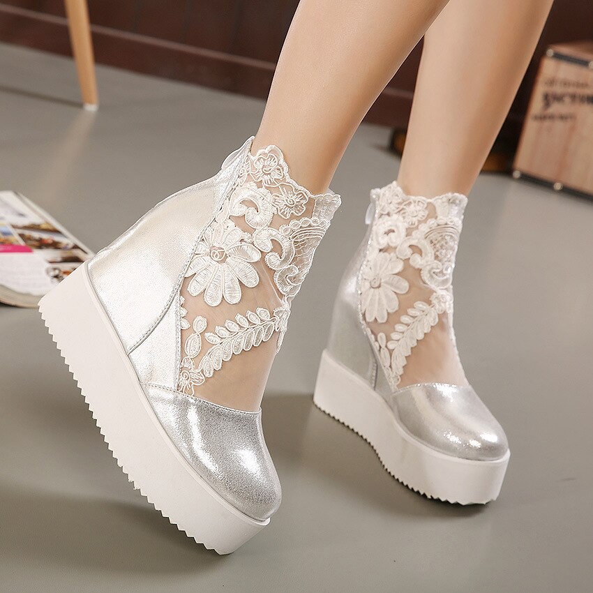 Söta spets romerska skor kvinnor kilklackar vita platform pumps höga klackar zapatos plataforma mujer encaje 34-39: Flisa / 5