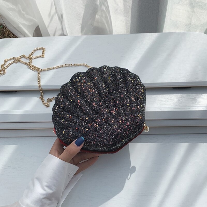 Women Girls Little Mermaid Seashell Purse Cross-Body Shoulder Bags Glitter Sequins Chain Evening Purse