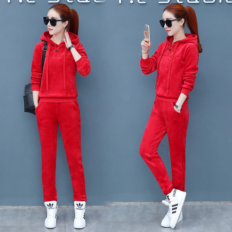 Matching Sets Autumn Plus Size Casual Loose Velvet Tracksuits 2 Pieces Set Women High Elastic Hooded Sweatshirts And Harem Pants: red / L