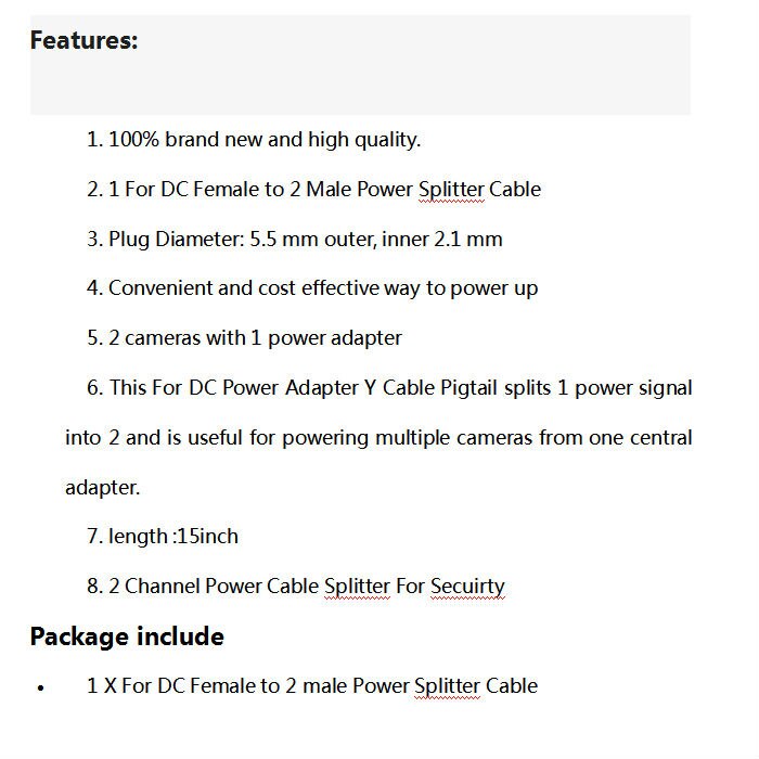 2 Kanal Power Kabel Splitter Für Secuirty System Kamera Für DC 1 Buchse auf 2 Stecker 2 stücke