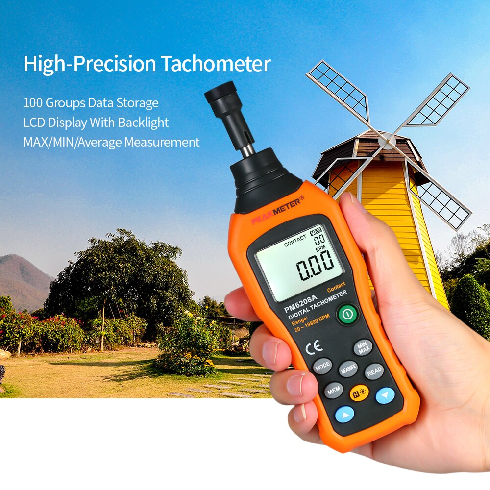 PEAKMETER PM6208A Digital Tachometer Handheld Contact Motor Tachometer Digital Tachometer Wide Measuring Rang 50~19999rpm