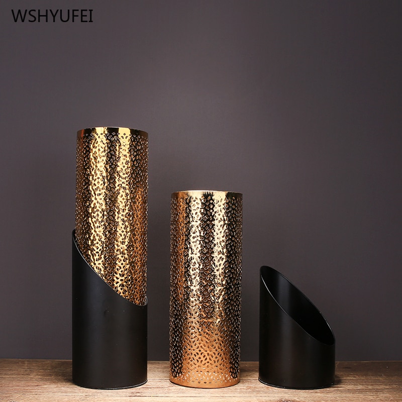 Lys luksus metal guld hul hul cylindrisk keramisk vase enkelt blomsterarrangement hotel model kunst dekoration ornamenter