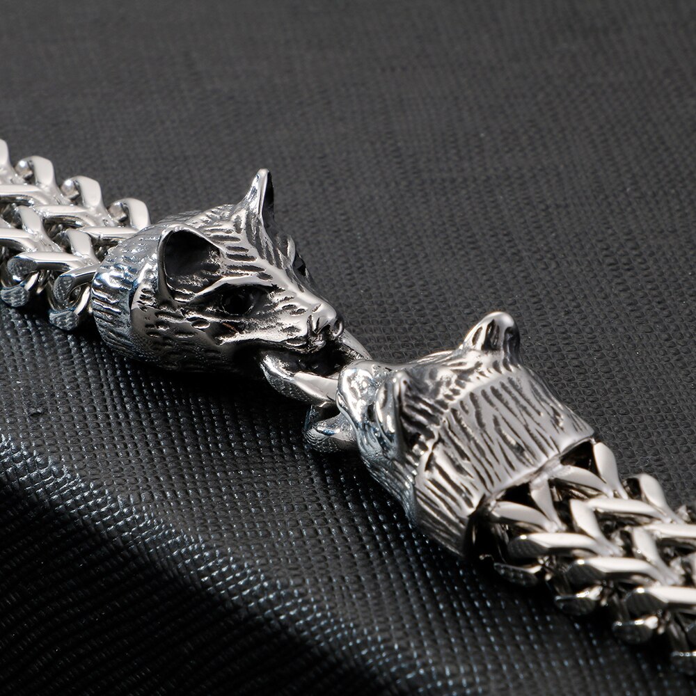 Vikings Biker Jewelry Stainless Steel Double Wolf Head Franco Link Curb Chain Bracelet For Men With Magnet Clasp 12MM Wide 22CM