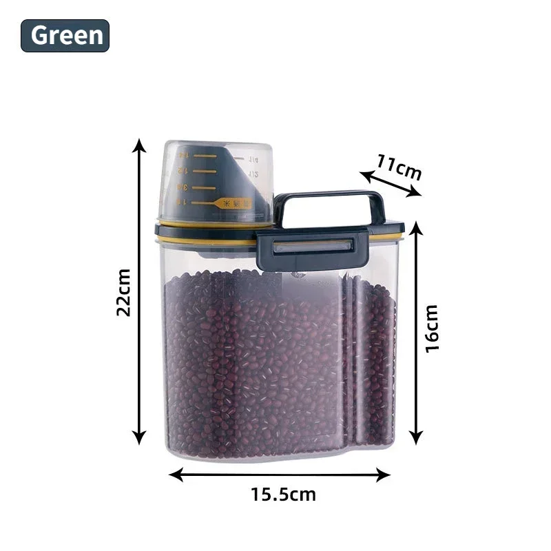 Suministros de cocina, Cubo de almacenamiento de alimentos, tanque de almacenamiento portátil a prueba de humedad de 1,5/2kg con taza a escala, cubo para alimentos, contenedor de plástico: Amarillo claro
