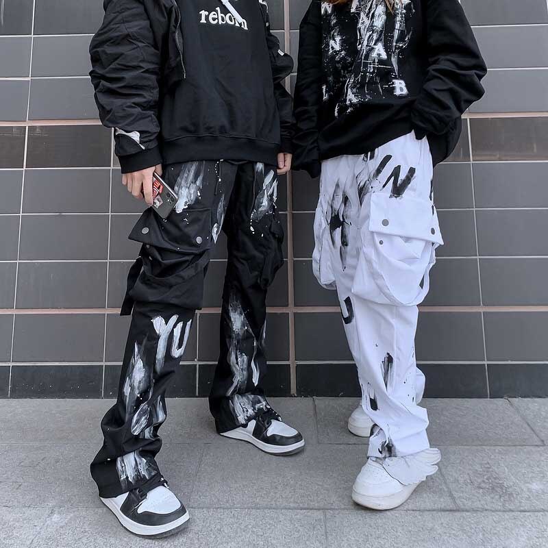 Kiovno Mannen Hip Hop Streetwear Broek Graffiti Gedrukt Broek Mannelijke Brabd Grote Zakken Met Linten