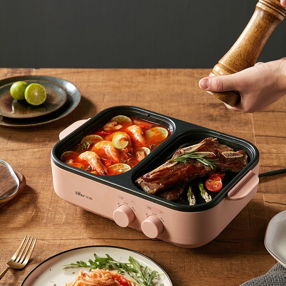 Horno eléctrico 2 en 1 para máquina de barbacoa, olla de cocina eléctrica, olla a la parrilla, decocción de doble uso, Multicooker, sartén para barbacoa de 220V