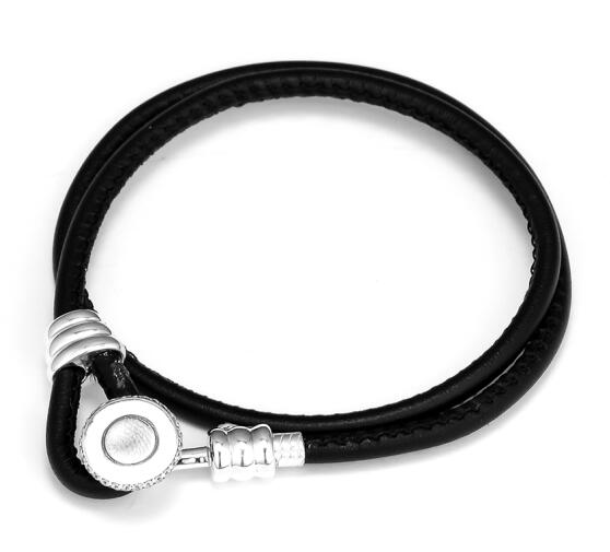 Momenti In Pelle A Doppia Braceles Per Le Donne Fit Originale Perline Per La Produzione di Gioielli FAI DA TE Europea Del Braccialetto di modo: Black / 41cm