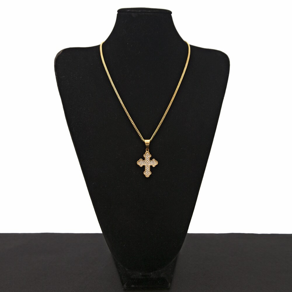 Hip Hop Stainless Steel Auspicious Cloud Corner Cross High Grade Ice Out Rhinestone Necklace Men Jewelry