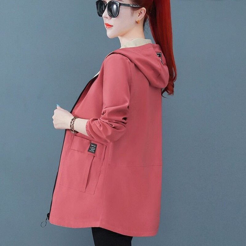 2022 Spring Autumn Women Jacket Streetwear Hooded Coat Zippers Jackets Windbreakers Female Causal Outerwear 4XL: Red bean paste / XXL