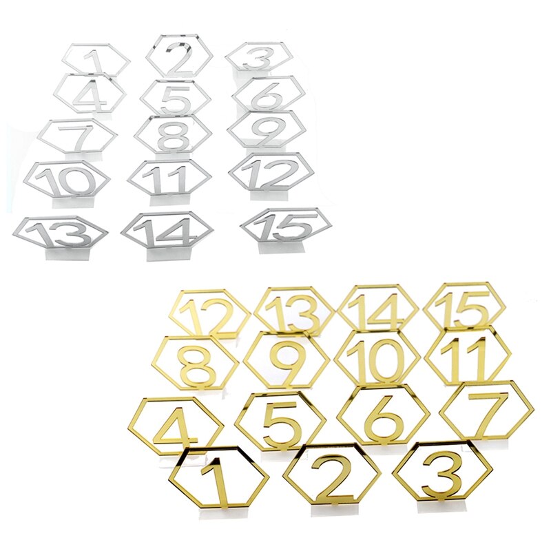 Mirror Hexagon Hollow Number 1-15 Wedding Seat Table Number Plate Decoration Crafts