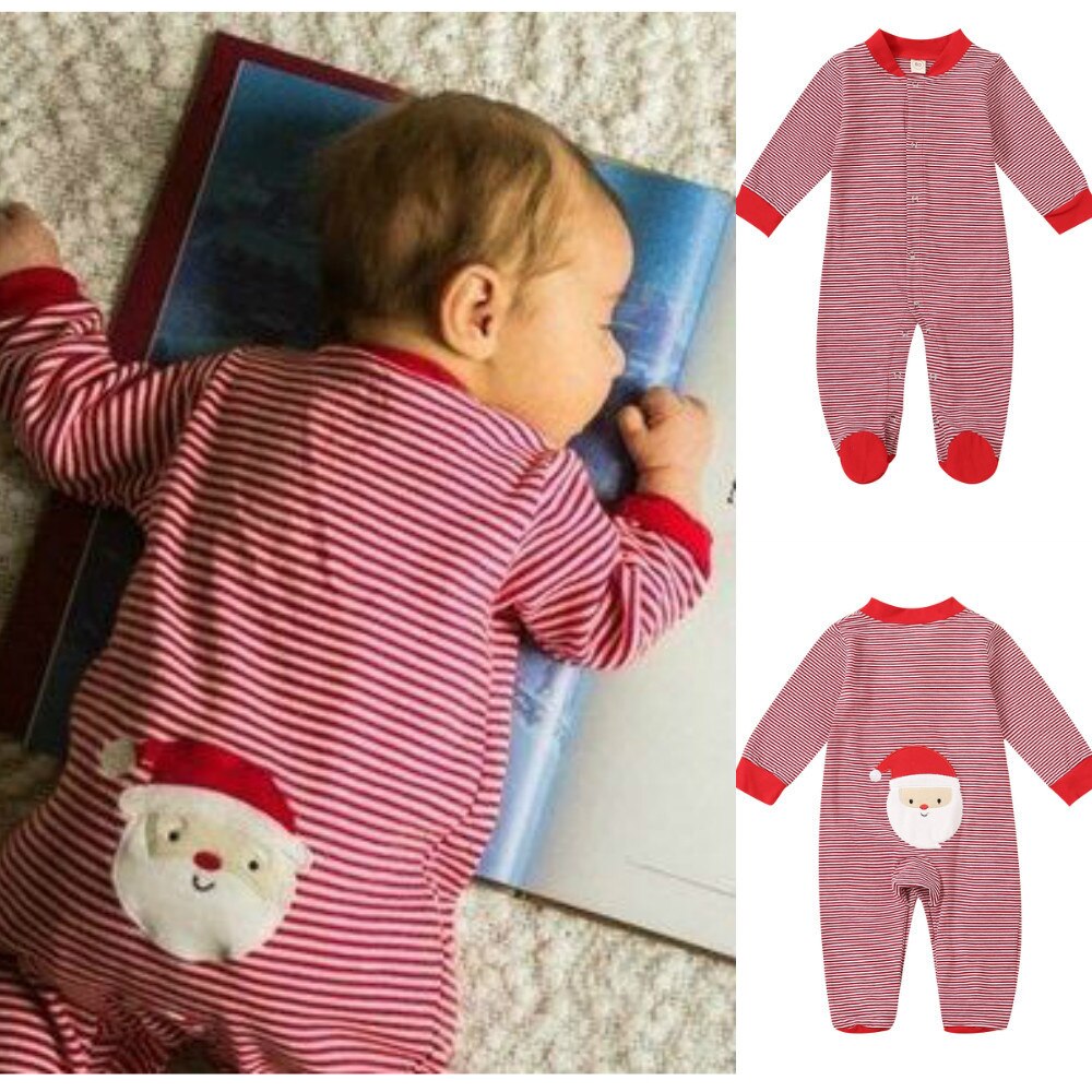 noël -né bébé garçon fille barboteuse père noël rayure à manches longues combinaison mignon simple boutonnage fête vêtements 0-24M