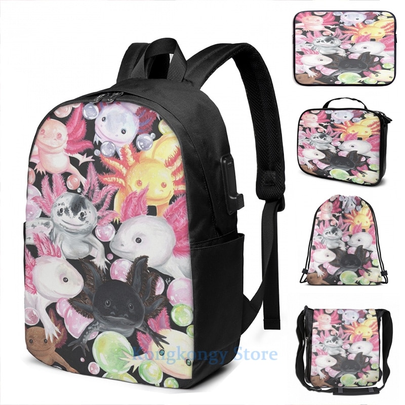 Grappige Grafische Print De Axolotls Usb Lading Rugzak Mannen Schooltassen Vrouwen Tas Reizen Laptoptas