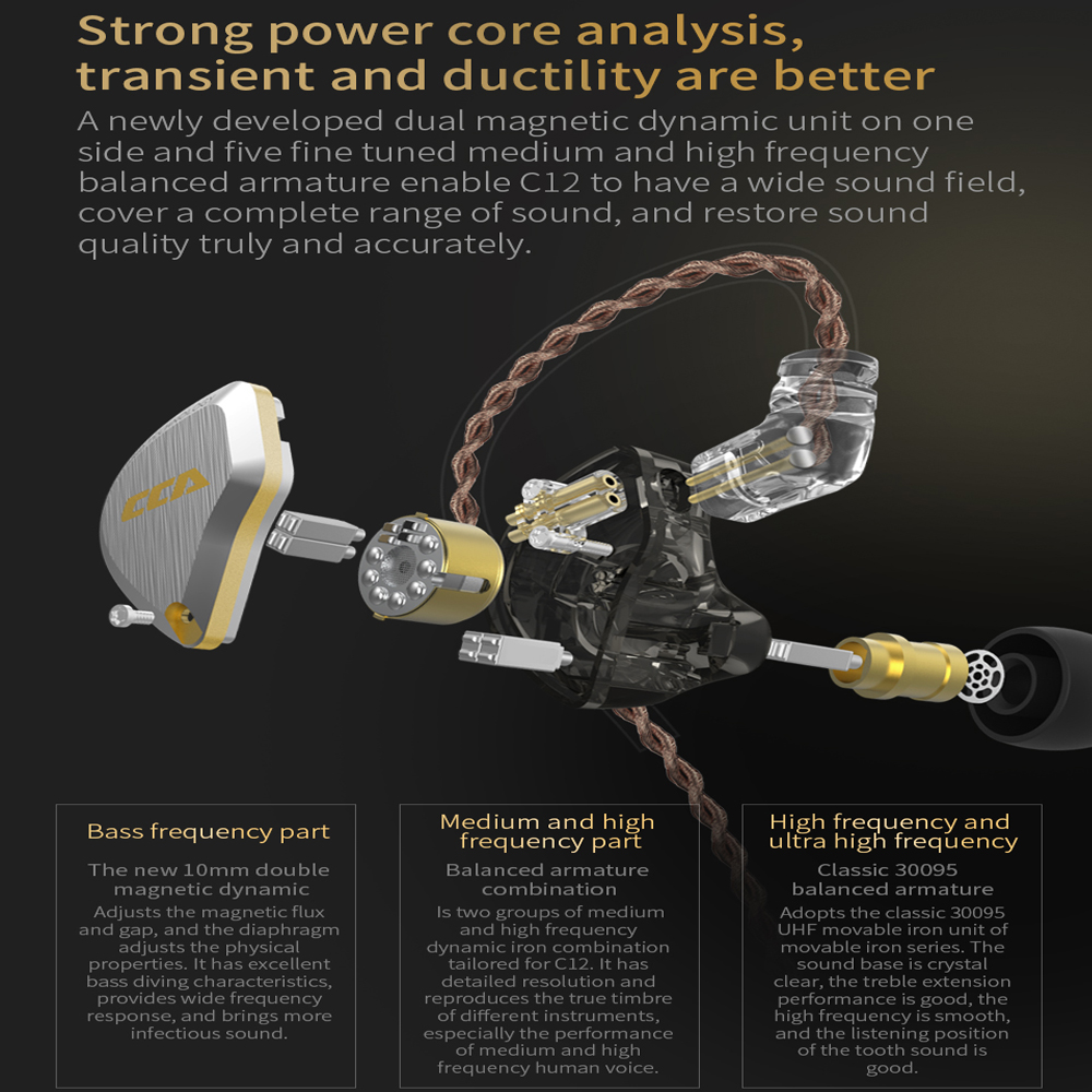 CCA C12 in-ear metalen hoofdtelefoon 5BA + 1DD hybride HiFi IEM-oortelefoon 12 stuurprogramma's Geluidsisolerende stereo bedrade oordopjes 2-pins