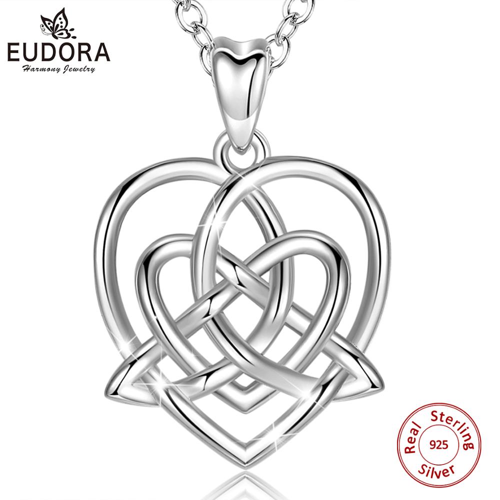 EUDORA 925 Sterling Silver Celtic knot Pendant Fine love Knot Heart Necklace good luck fine Jewelry For Lady girl D211