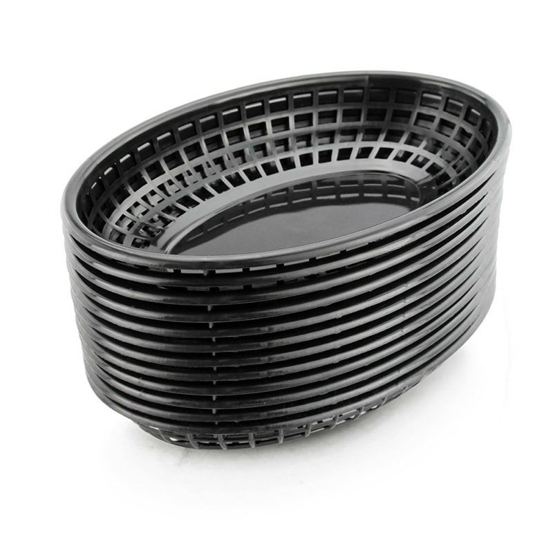 12 Uds. Cesta de comida rápida de plástico ovalada de 9,25 ", docena de bandejas de comida negras y rojas para servir patatas fritas, platos de cena, bandeja de pan para restaurante o Bar