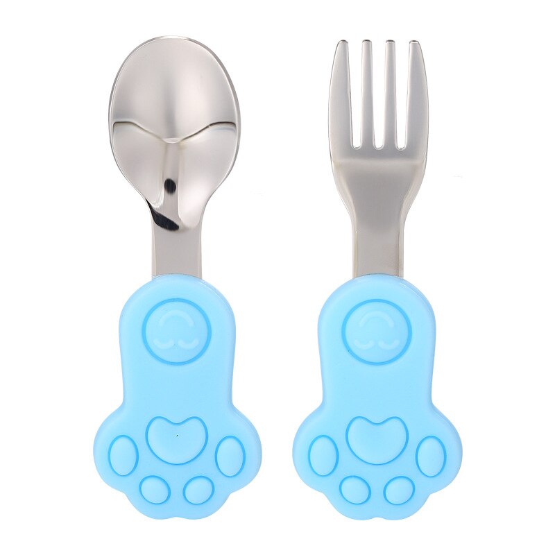 2Pcs Baby Spoon Fork Set Silicone Feeding Spoon Kids Cutlery Short Handle Children Tableware Training Stainless Steel Fork Spoon