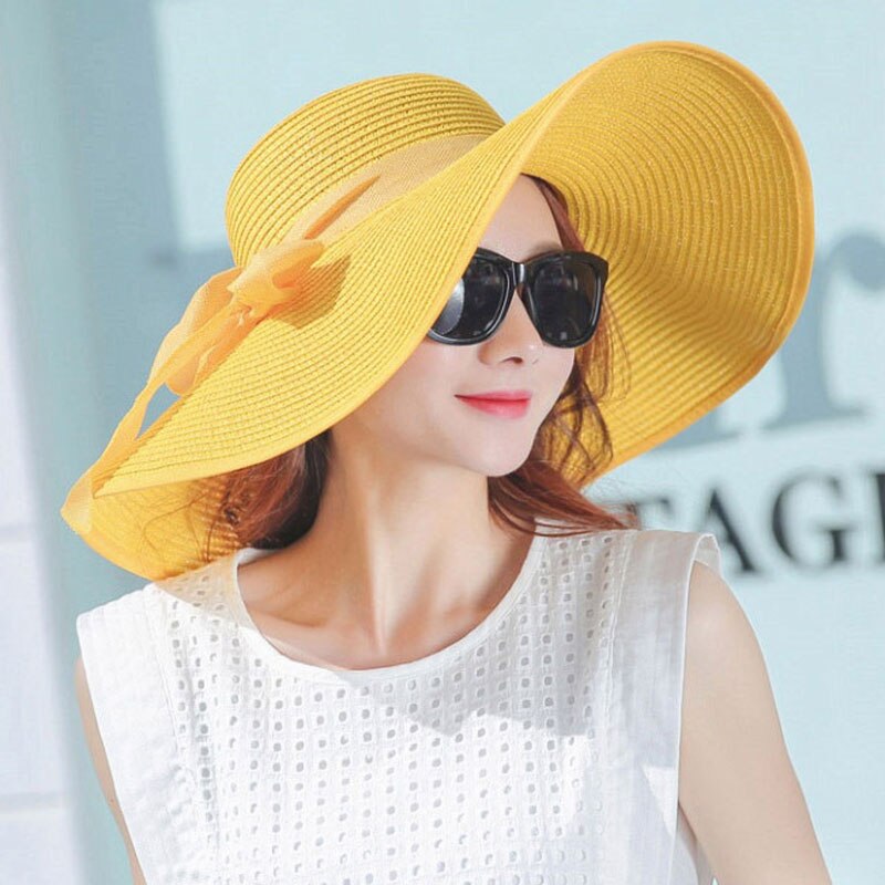 Mode Vrouwen Zomer Hoeden Opvouwbare Wide Grote Rand Strand Zon Stro Cap Elegante Hoeden Caps THJ99: YELLOW