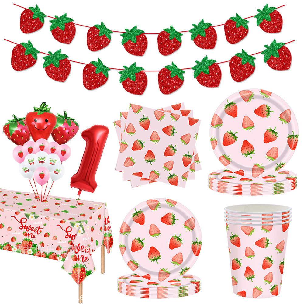 Strawberry party plates cups napkin tablecloth supplies baby shower kids girls birthday supplies Strawberry birthday Party Decor