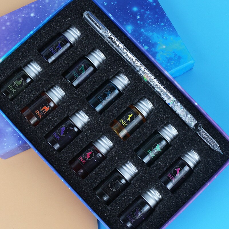 7/13pcs Glass Dip Pen And Blue Ink Sets Box Sequin Series Signature Pencil Handicraft Dip Pens Glass Pencils: Star White