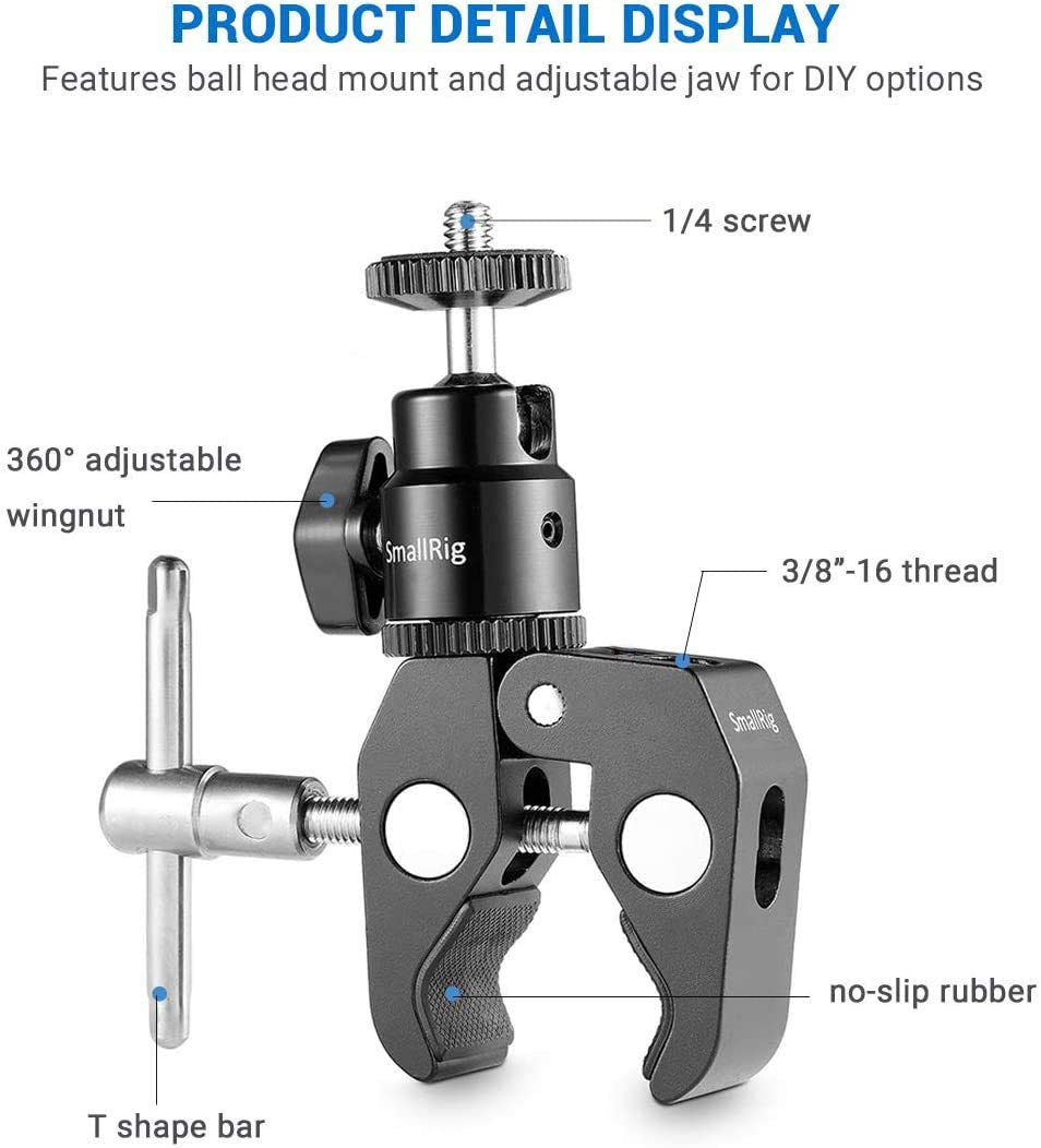 SmallRig DSLR Camera Super Clamp Holder w/ Ball Head Mount Shoe Adapter For Gopro/Camera Light/Monitor Attachment 1124