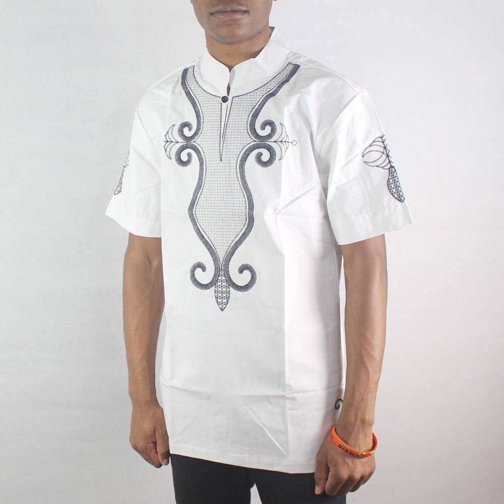 Weiß Glück Stickerei männer Ethnische Tops Kragen Kurzarm Muslimischen Shirts für Männliche Sommer Tragen Футболка мужская