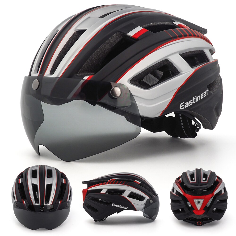 Fahrrad Helm Erwachsene Männer Frauen mit Magnetische Brille Sonnenblende Fahrrad Helm mit Hinten Led Licht Einstellbar für Rennrad radfahren: HT22-BlackSilver