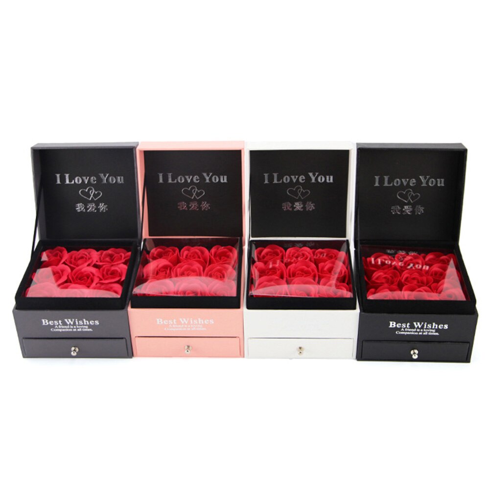 Ring halskæde smykker indehaver papkasse  + 9 stk faux rose blomsterkasse