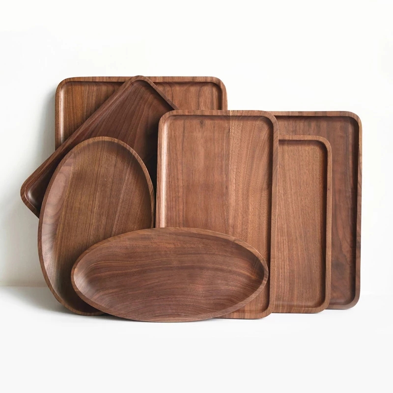Round Retangle Oval Shape Walnut Wood Pan Plate Fruit Dishes Saucer Tea Tray Dessert Dinner Bread Wood Plates