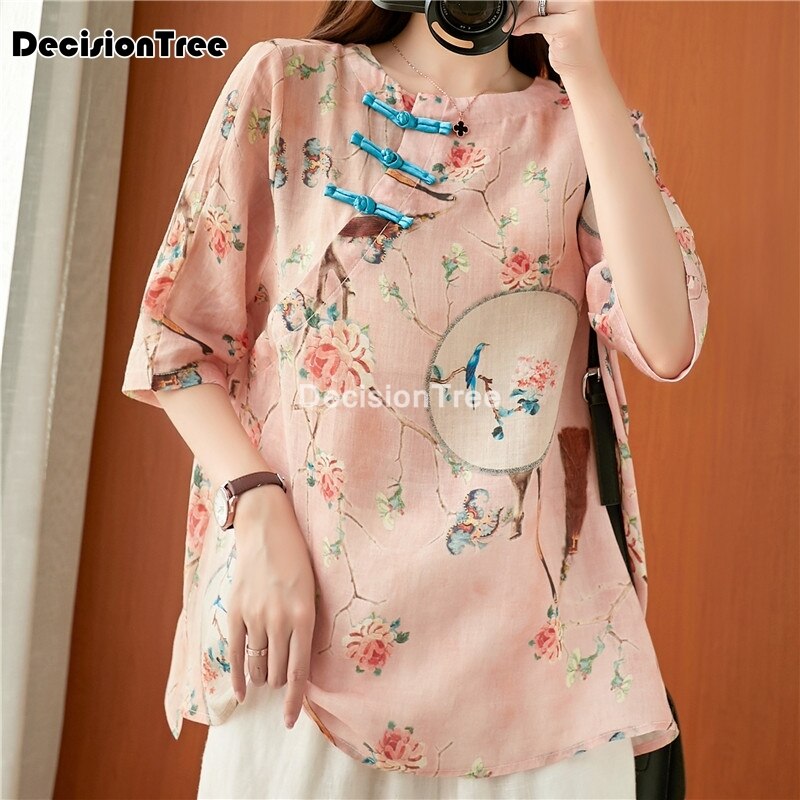Tops Hanfu Top Chinese Shirt Chinese Stijl Traditionele Chinese Kleding Voor Vrouwen V-hals Losse Chinese Traditionele Tops