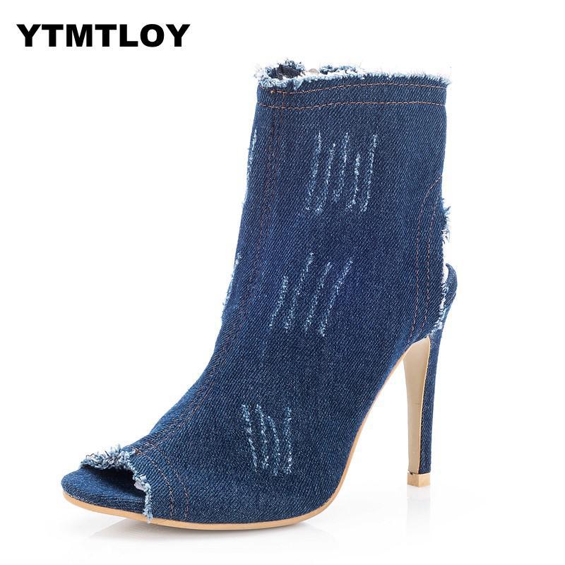 Peep toe gladiator skor kvinnor pumps denim höga klackar cutout stilett zip tunn party blå super zapatos mujer dam skor: Marinblå / 40