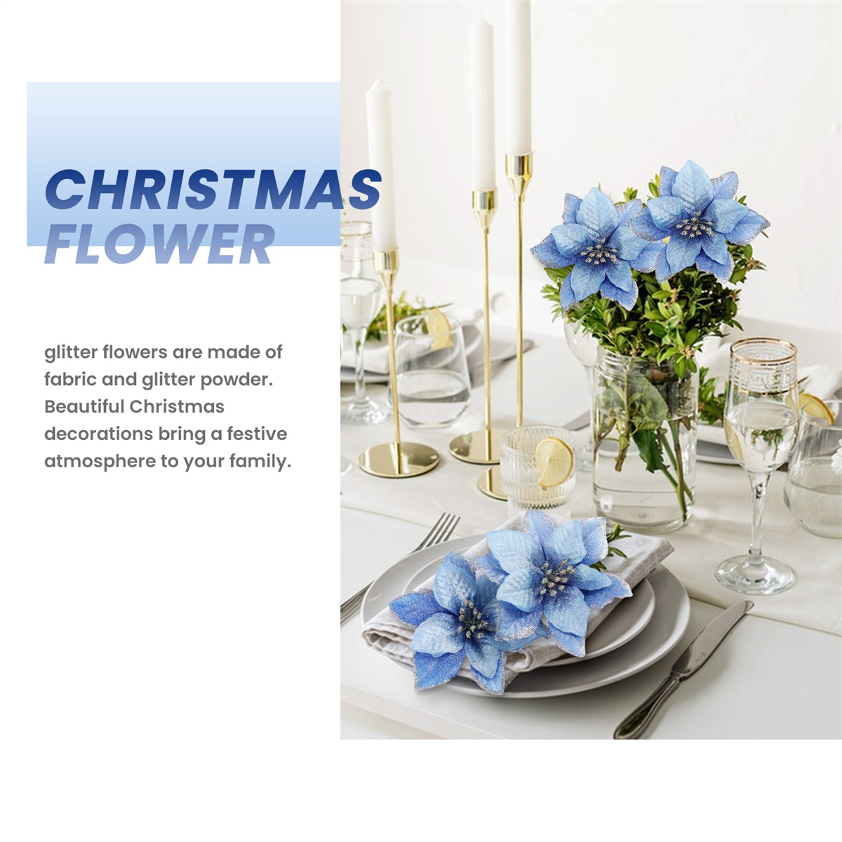 Juleglitter 20 stk juletrepynt kunstig bryllup juleblomster kranser bryllupspynt (blå)