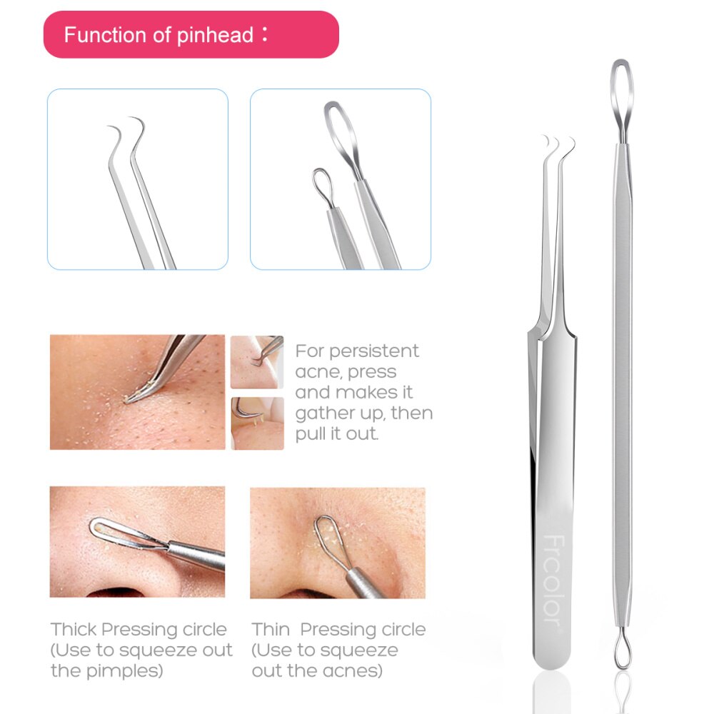 Frcolor 4pcs Blackhead Remover Pimple Comedone Extractor Tool Best Acne Removal Extraction Kit with Black Leather Case