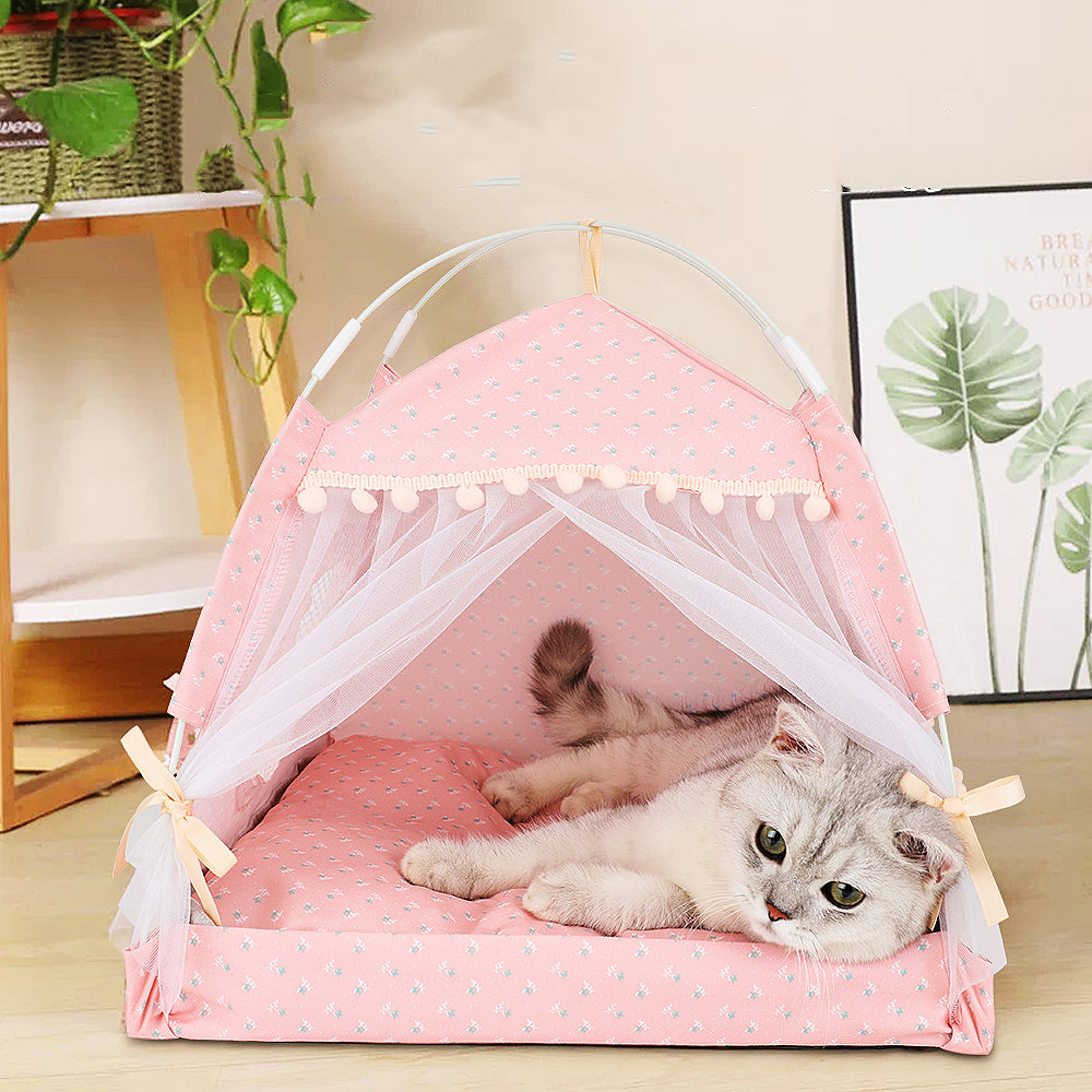 Foldable Cat Kennel Summer Semi-Enclosed Cat Tent Mat Removable Outdoor Pet House Breathable Dog Cat Bed Travel Bed Pet Tent