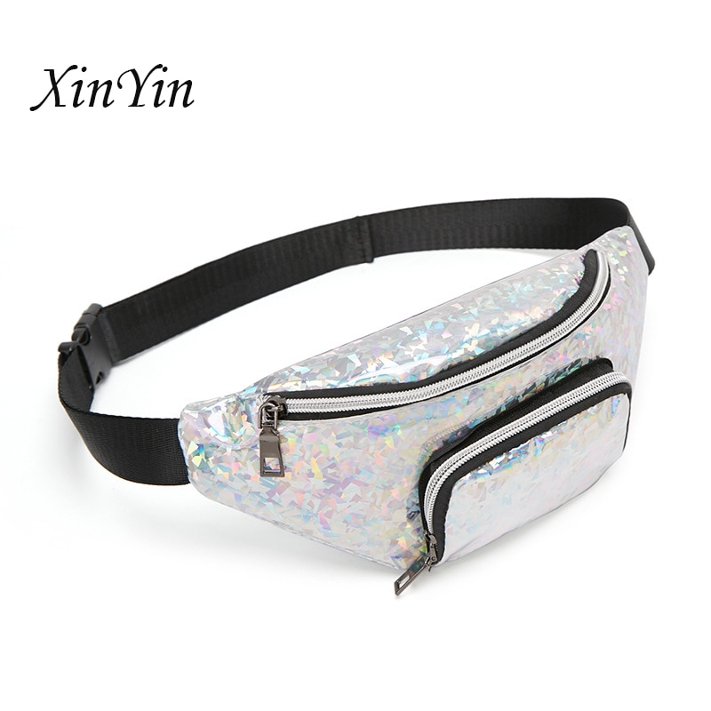 Fanny pack women PU leather waist bag sequins shoulder messenger chest bag coin belt purse phone bag key pouch