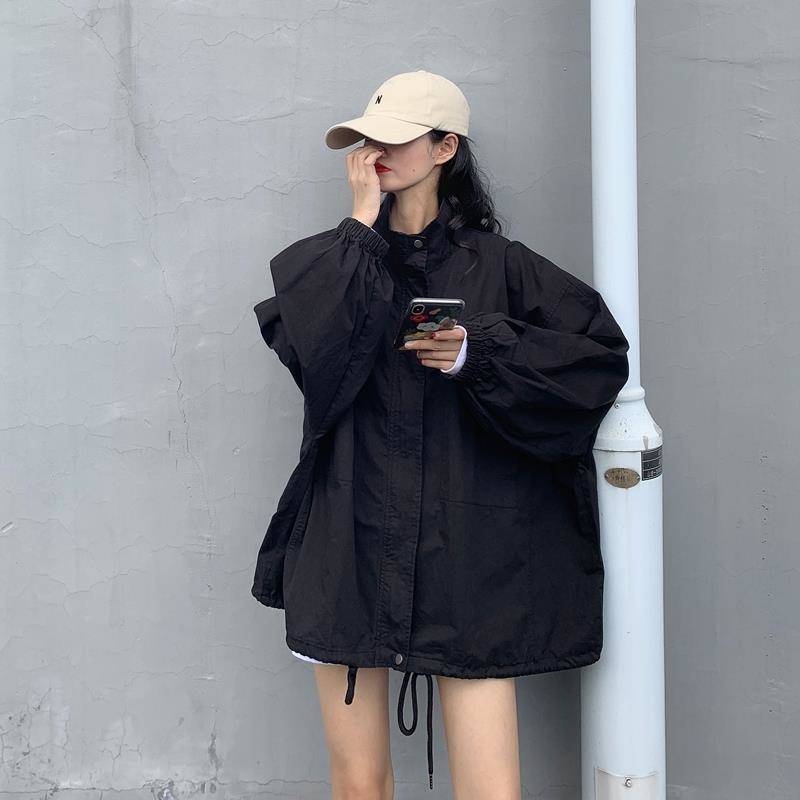 Women Basic Jackets Solid Drawstrings Oversize Thin Harajuku Ulzzang Plus Size 2XL Leisure Streetwear Chic Jacket Zipper Outwear