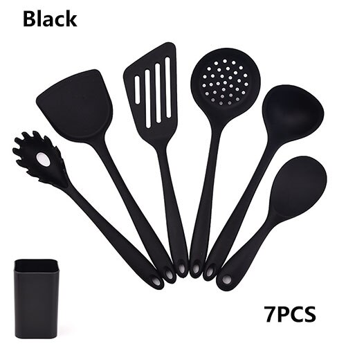 Ustensiles de cuisine en silicone ensemble ustensiles de cuisine antiadhésifs résistants aux températures élevées et basses ustensiles de cuisine faciles à nettoyer ustensiles de cuisine ensemble d'outils de cuisine: Black-7PCS