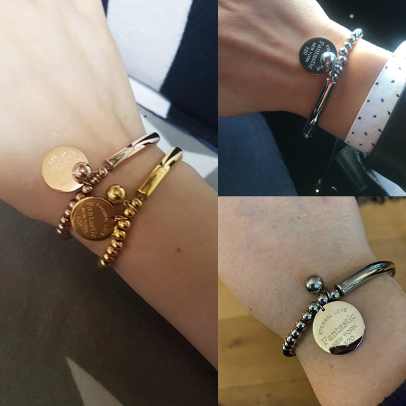 "Fantastische Ewige Liebe York" Edelstahl Ball Perlen Armbinde Für Frauen Kreis Schild Charme strecken Strang Armbinde K0001-2