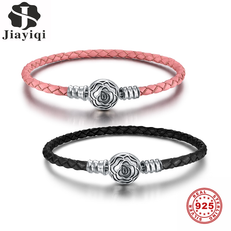 Jiayiqi Fijne 925 Sterling Zilver Roze & Zwart Lederen Rose Ronde Gesp Armbanden Voor Vrouwen Fit 925 Zilveren Charms Armband sieraden
